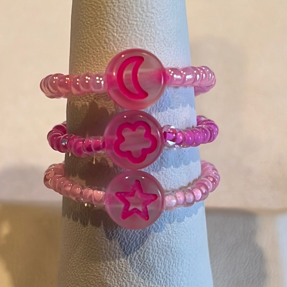 Handmade Hot Pink Beaded Ring Set, Stretchy